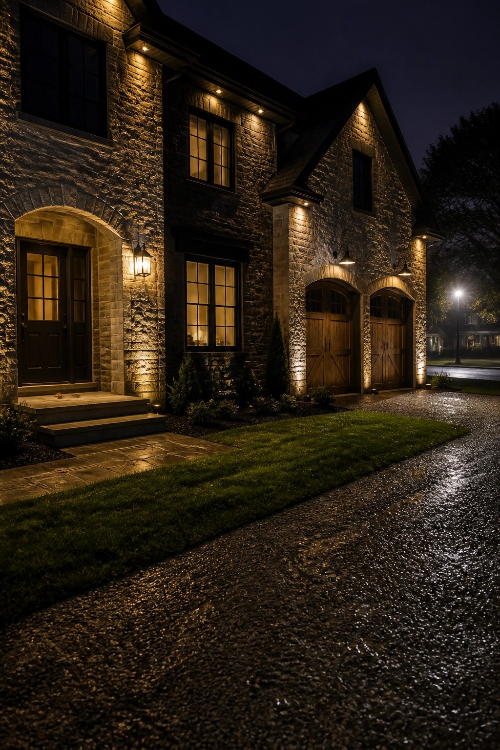 A nighttime view of a two-story stone house exterior with warm uplighting on the walls, an arched front door, and two wooden garage doors.
