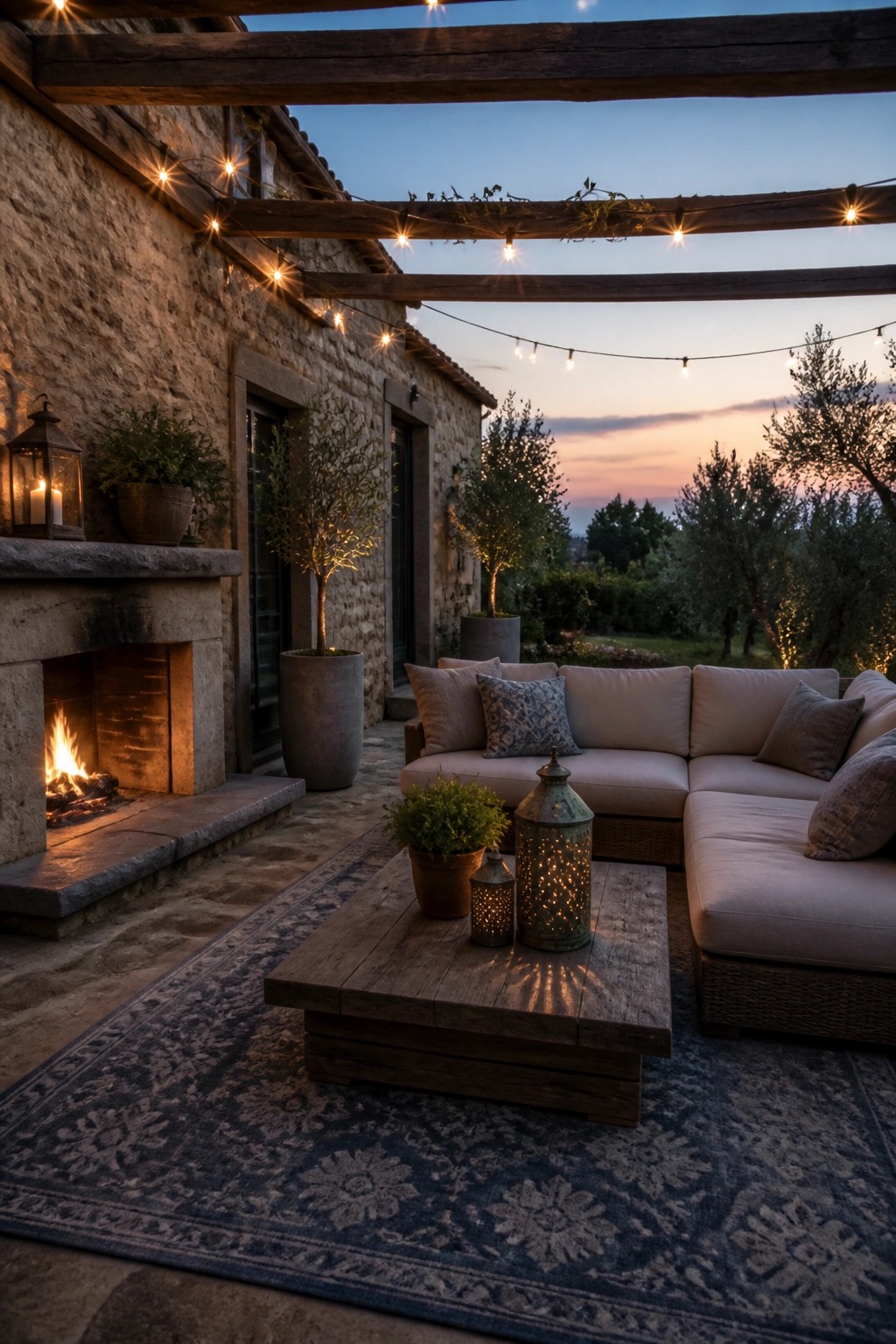 Cozy patio with lit fireplace, string lights, sectional sofa, rug, and lanterns at dusk