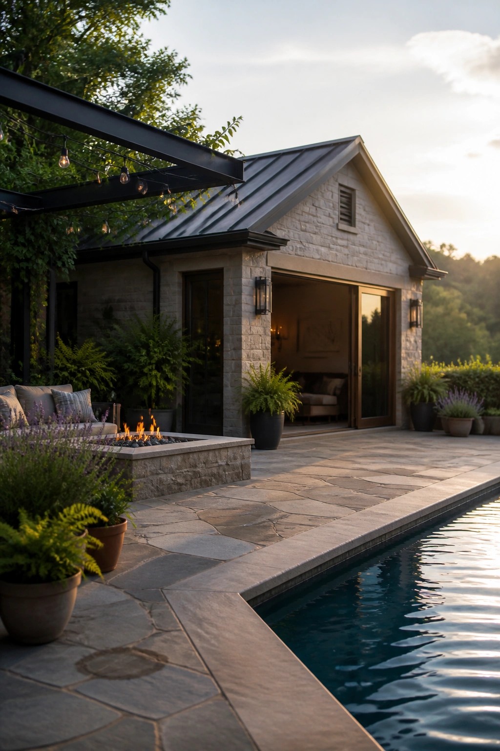 Stone farmhouse exterior with dark metal roof, large sliding glass doors open to an outdoor patio, fire pit area, and swimming pool.