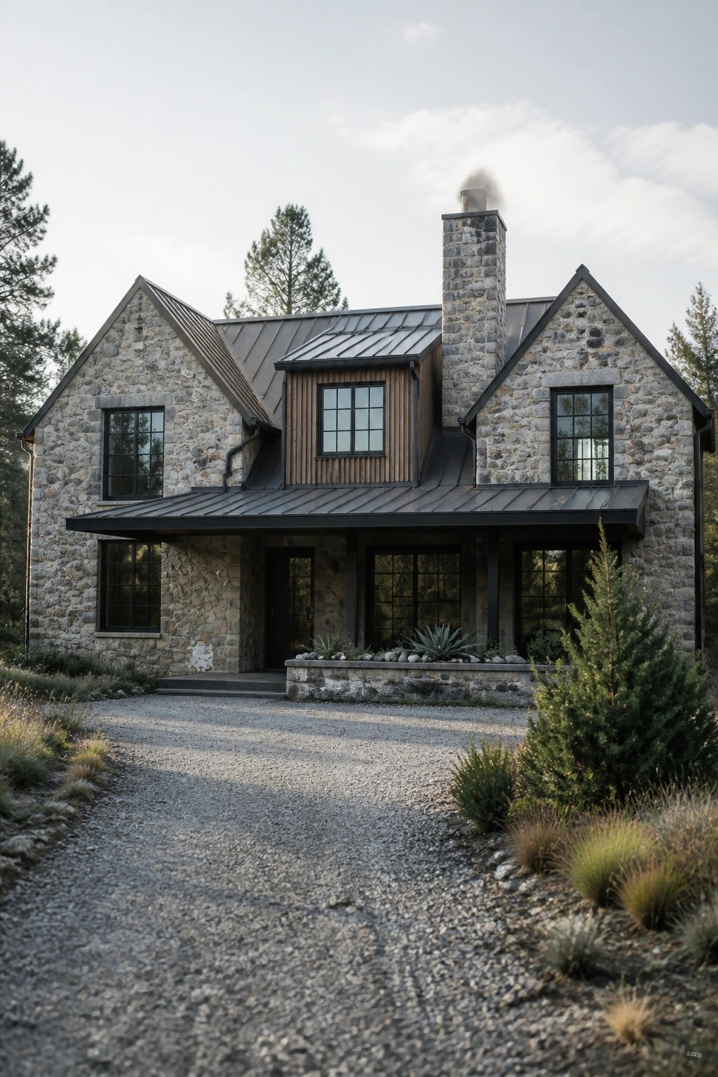 Stone house with dark metal roof, chimney, and windows on gravel driveway amid trees