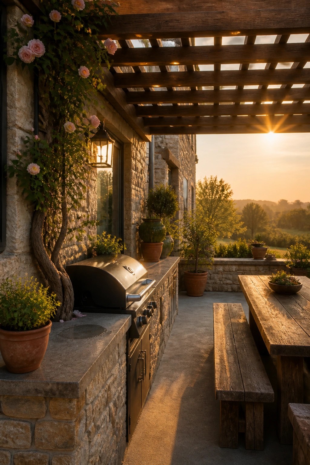 Stone patio with outdoor grill, wooden picnic table, pergola, and sunset view