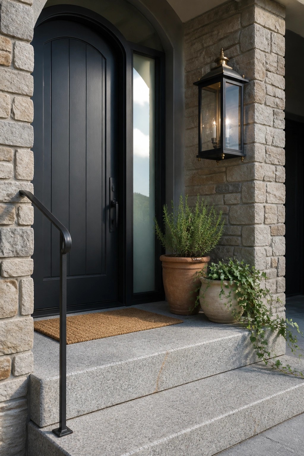 A black arched door set into a stone wall beside a lit wall lantern, with two potted plants and stone steps leading to the entrance.