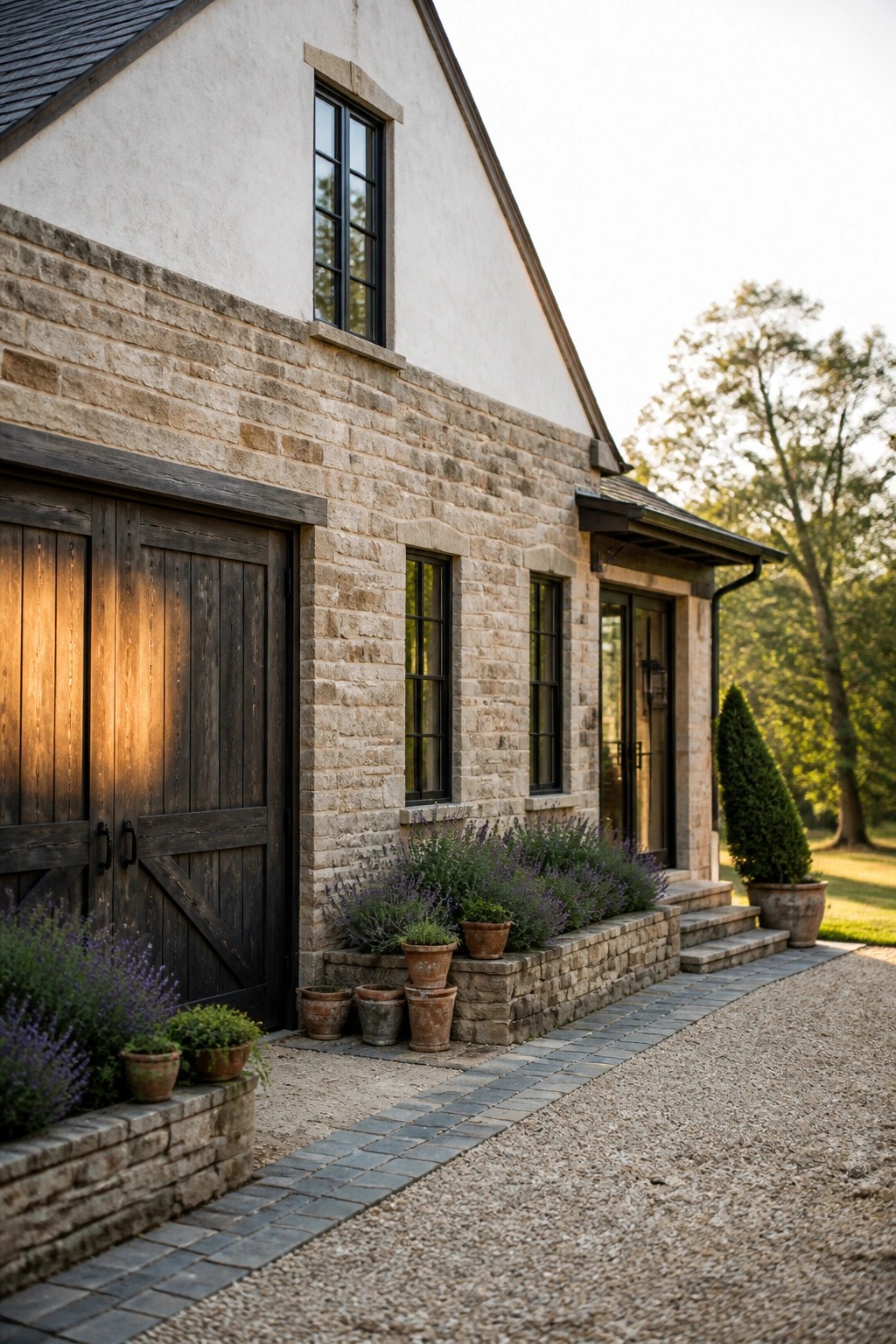 Stone house with wooden doors, lavender pots, and gravel path entrance.