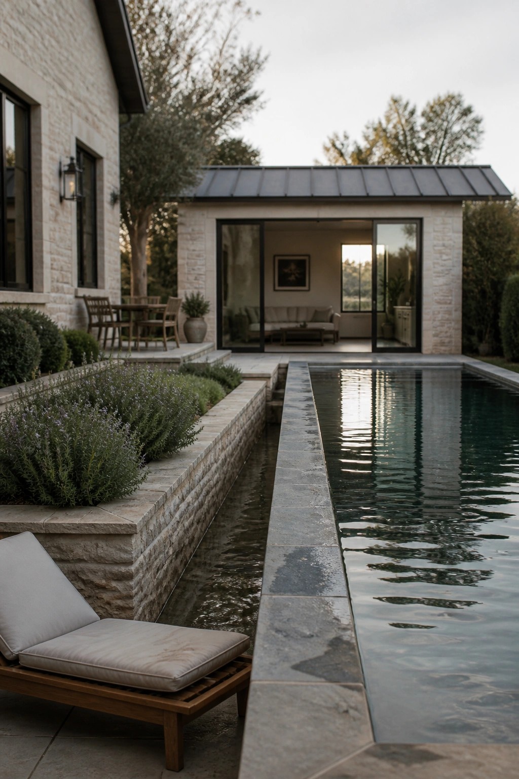 A rectangular pool with gray stone coping sits beside a light stone house, with a wooden lounge chair and planted stone beds in the foreground.
