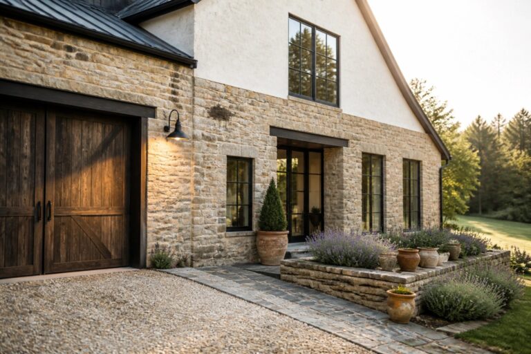 Stone house with wooden doors, lavender pots, and gravel path entrance.