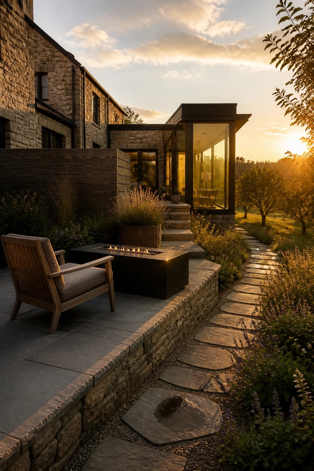 Modern stone house patio with fire pit, wooden chair, and sunset path