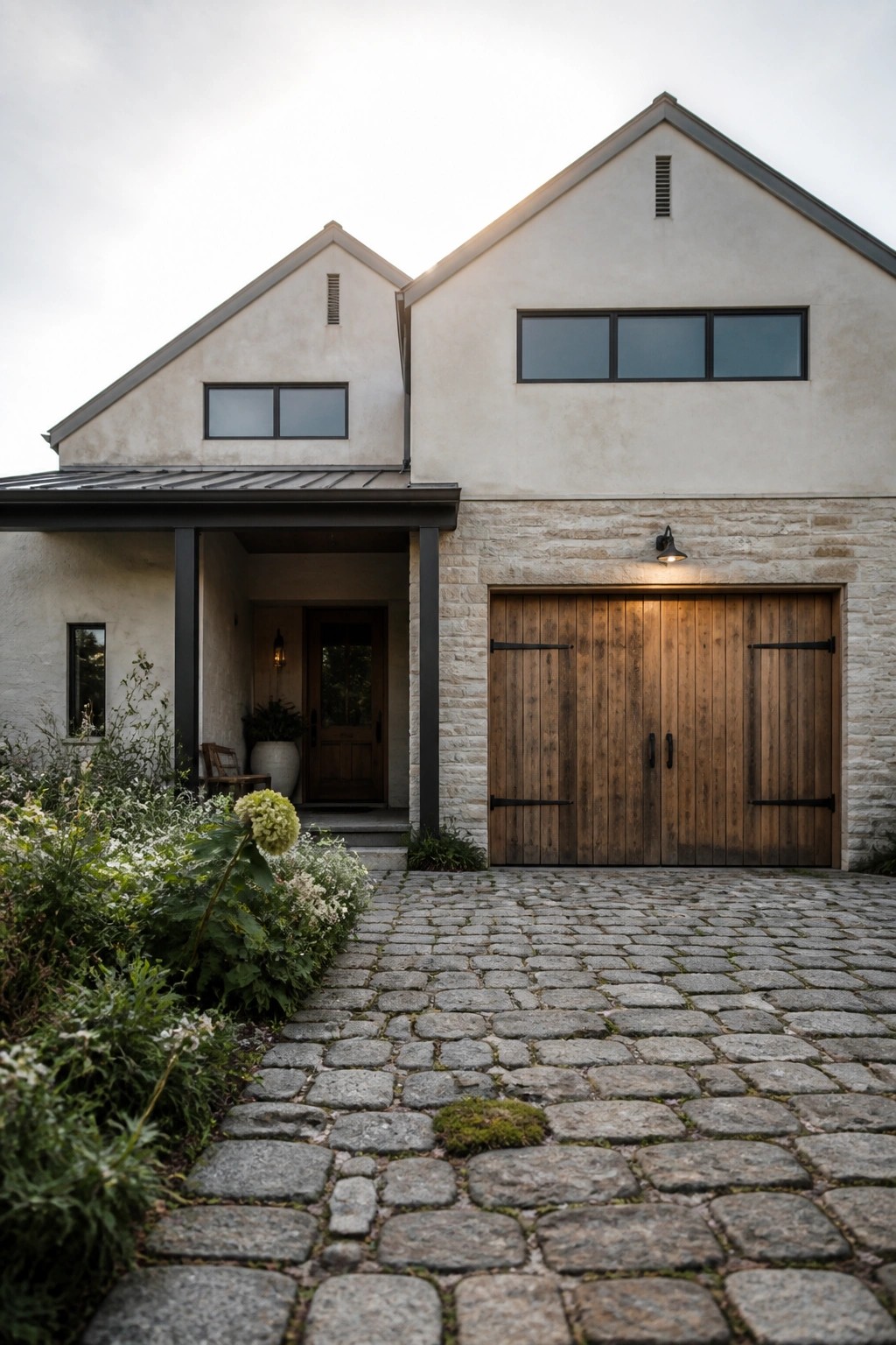 Front view of a two-story house with stucco walls, a stone base around the wooden garage doors, and a cobblestone driveway.