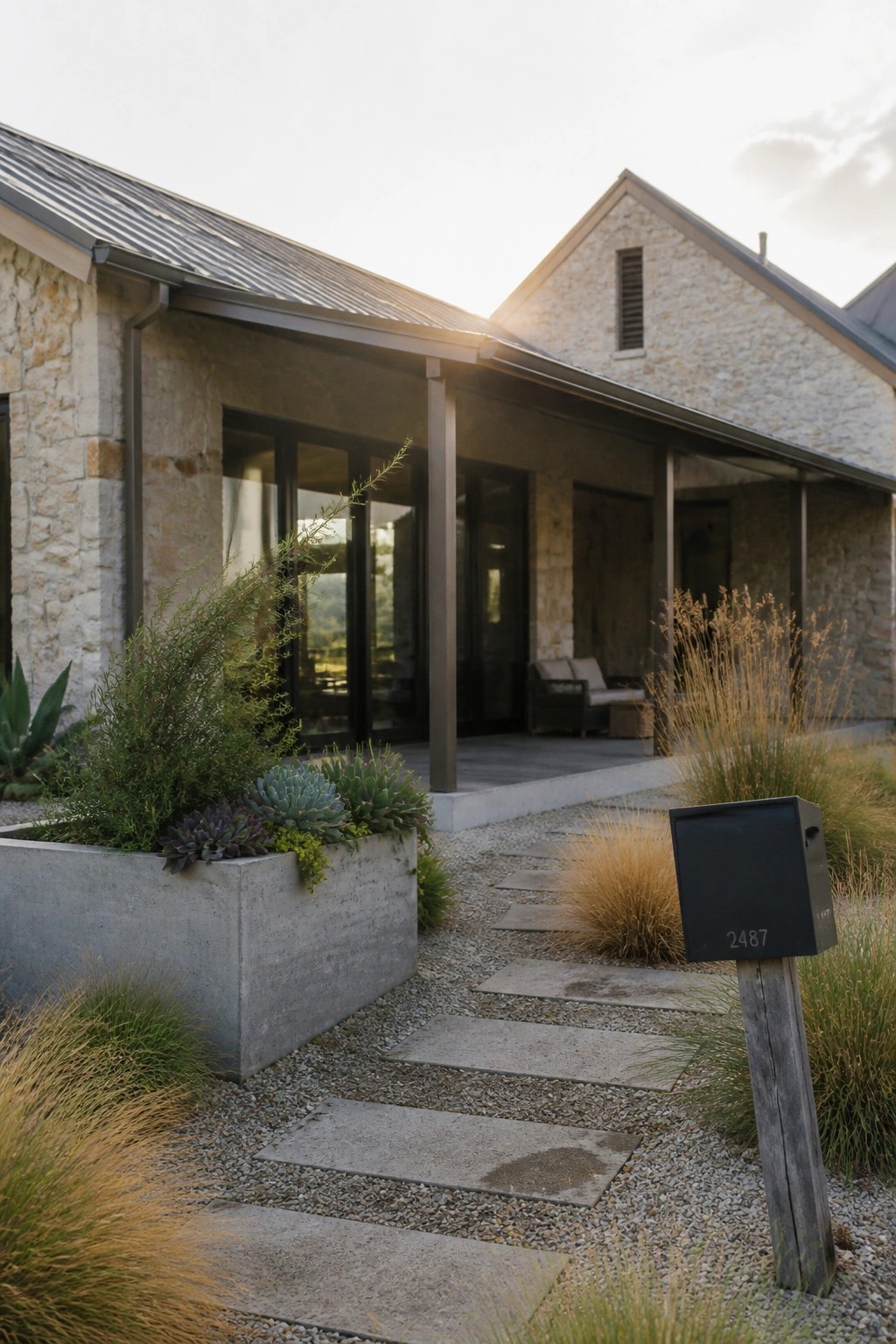 A stone farmhouse exterior featuring a metal roof, large glass doors, a concrete planter with succulents, and a gravel path with stepping stones.