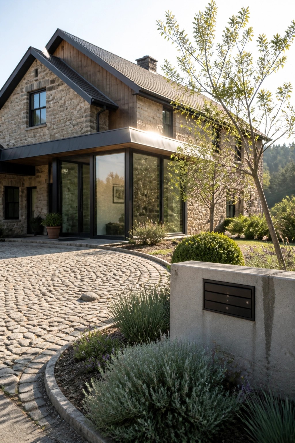 A stone farmhouse exterior with a modern black overhang, large glass doors, mixed wood and stone siding, and a cobblestone driveway bordered by shrubs and trees.
