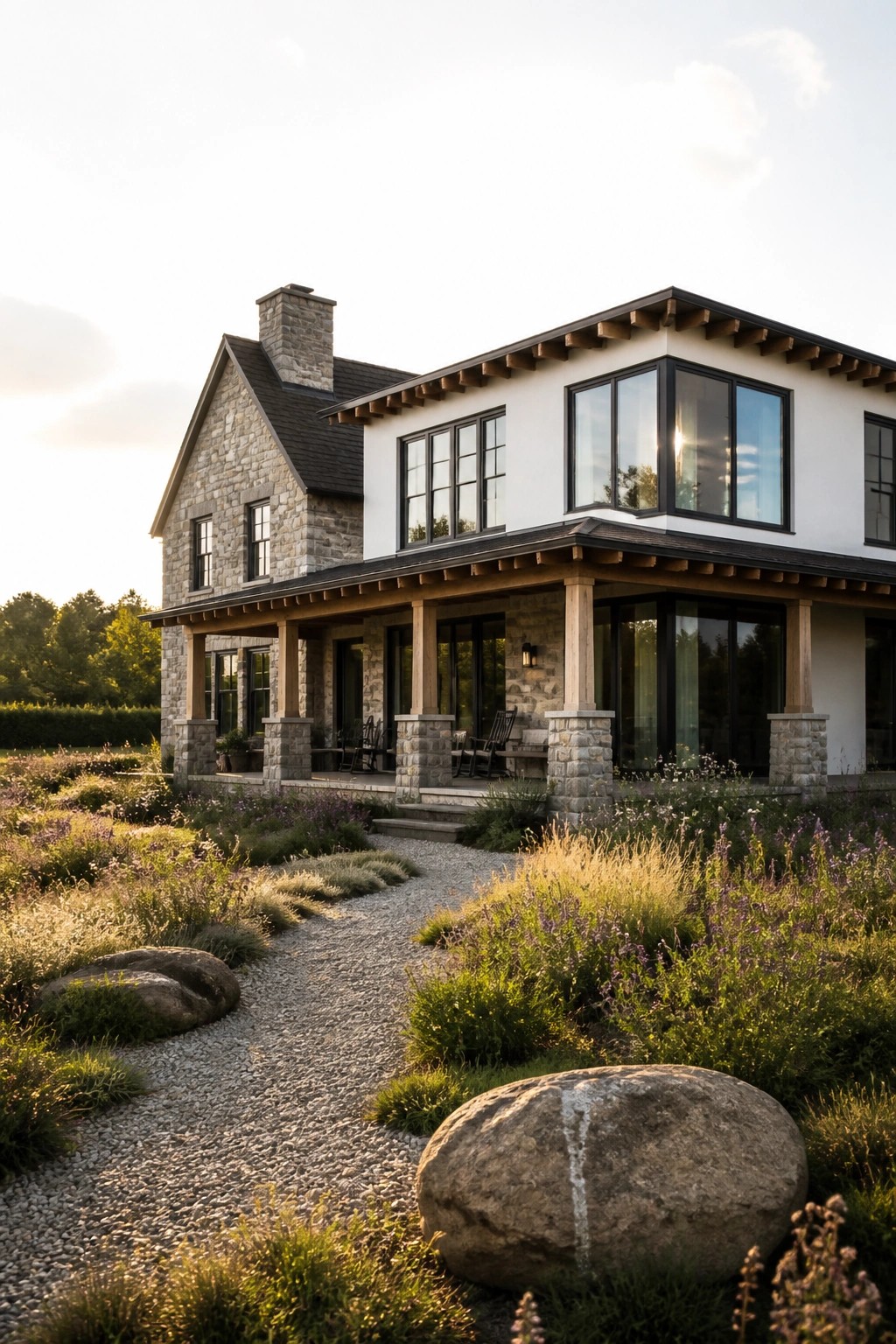 Stone and white modern house with porch overlooking wildflower garden and gravel path
