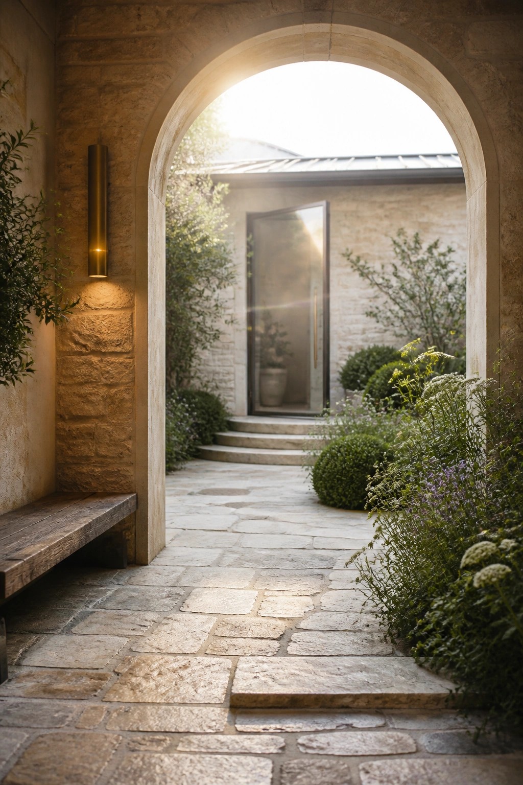 A stone archway with a wooden bench and brass wall sconce opens to a paved courtyard with greenery and a modern glass door.