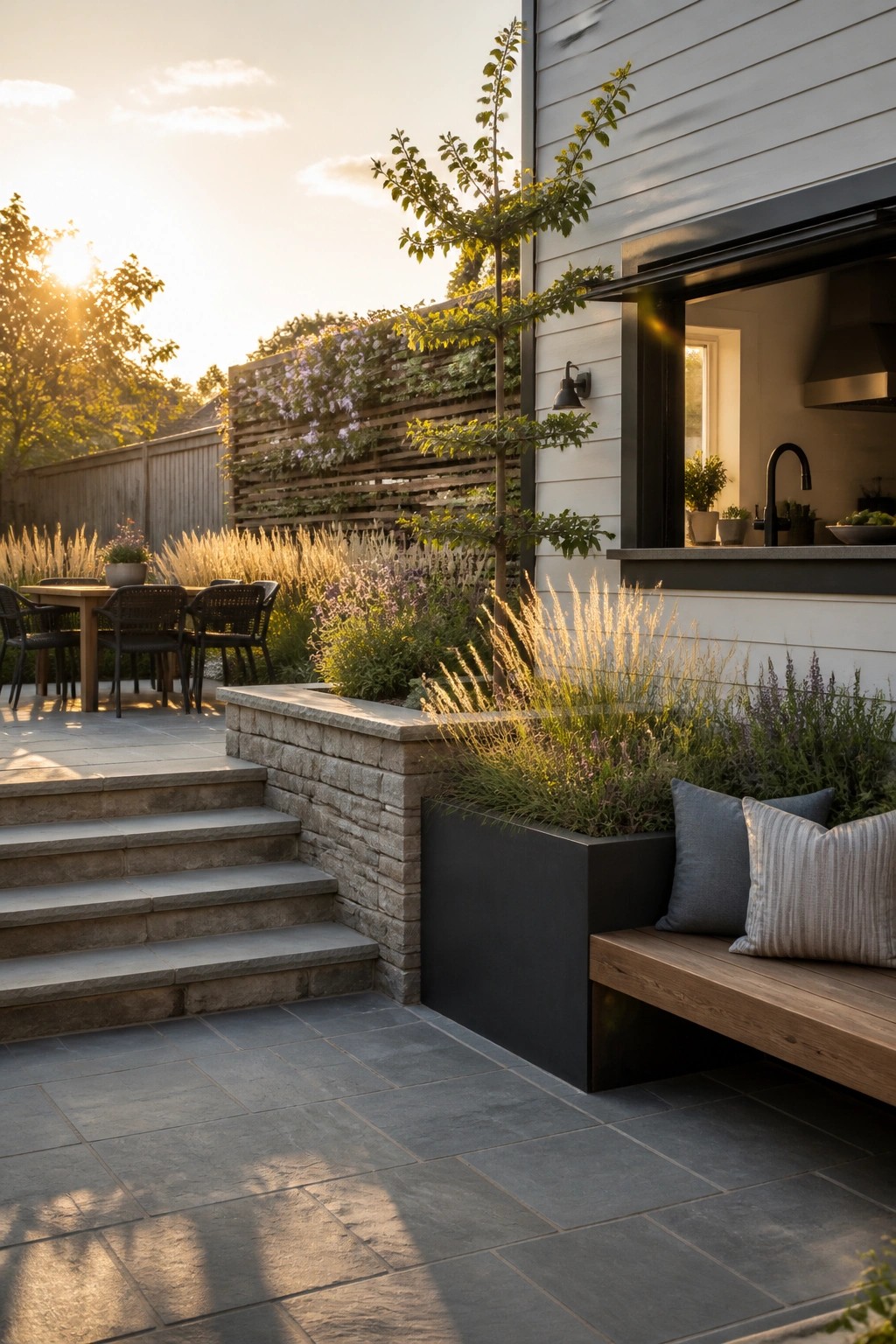 An outdoor patio with gray stone steps beside a raised stone wall holding a black metal planter filled with grasses, next to a wooden bench with cushions and an open window showing an outdoor kitchen counter.
