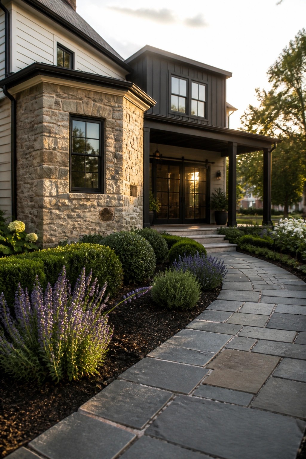 A two-story farmhouse exterior featuring a stone corner section, white and dark siding, black-framed windows and doors, and a curved stone pathway bordered by lavender and shrubs.
