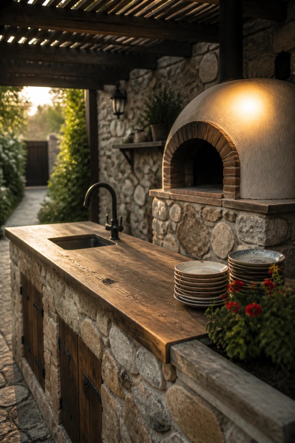 An outdoor kitchen with a thick wooden countertop set on a stone base, a black faucet over a sink, stacked plates on the counter, and a large built-in pizza oven against a stone wall under a wooden pergola.