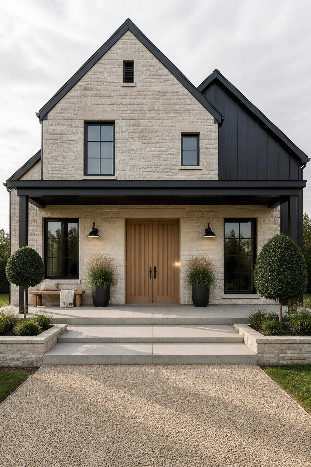 A two-story stone farmhouse with black trim, a black metal roof, and a centered wooden double door entry.