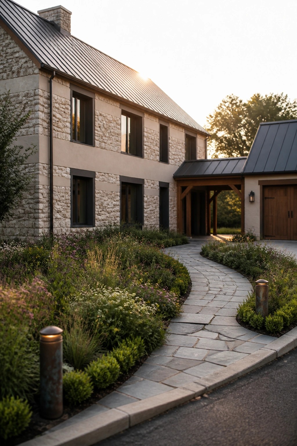 A two-story stone farmhouse with dark-framed windows, a metal roof, and a curved stone pathway bordered by garden beds.