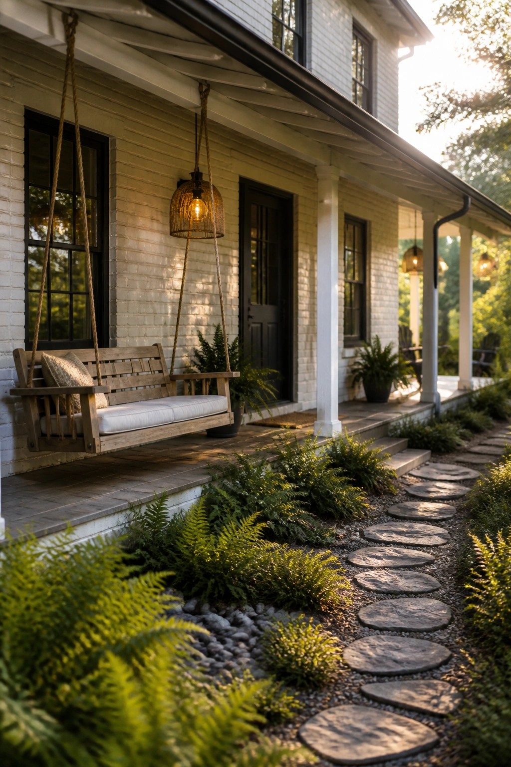 A white brick farmhouse porch with a wooden swing hanging from ropes, a stone path bordered by ferns, and dark trim on the windows and door.
