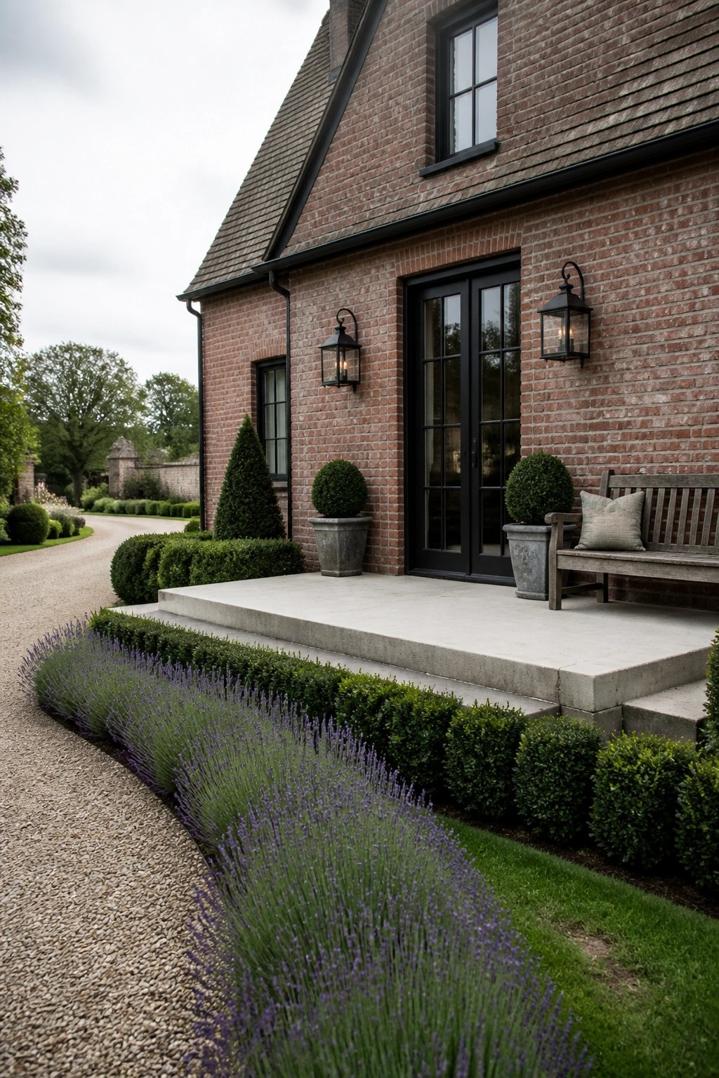 A brick farmhouse with black double doors, wall lanterns, and a curved lavender border edging the gravel path in front of the concrete steps.