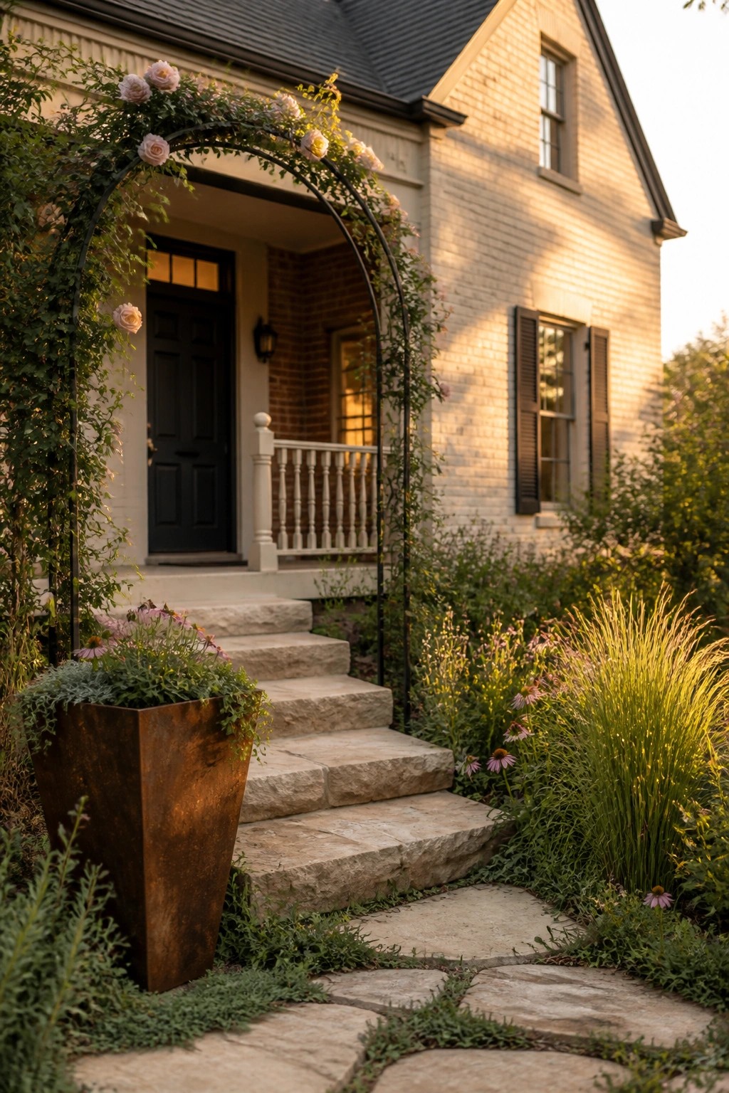 Stone steps and path to house under rose-covered arch with garden flowers.