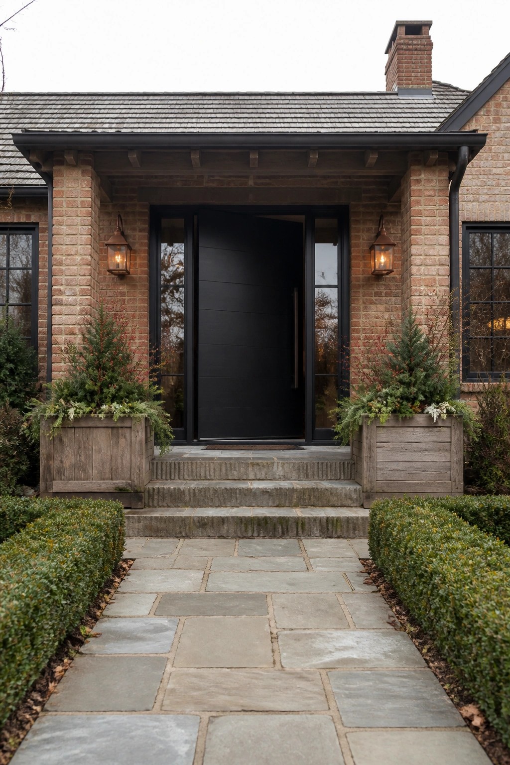 Front view of a brick house with a black door, glass sidelights, two wooden planters, and a stone pathway leading to the steps.