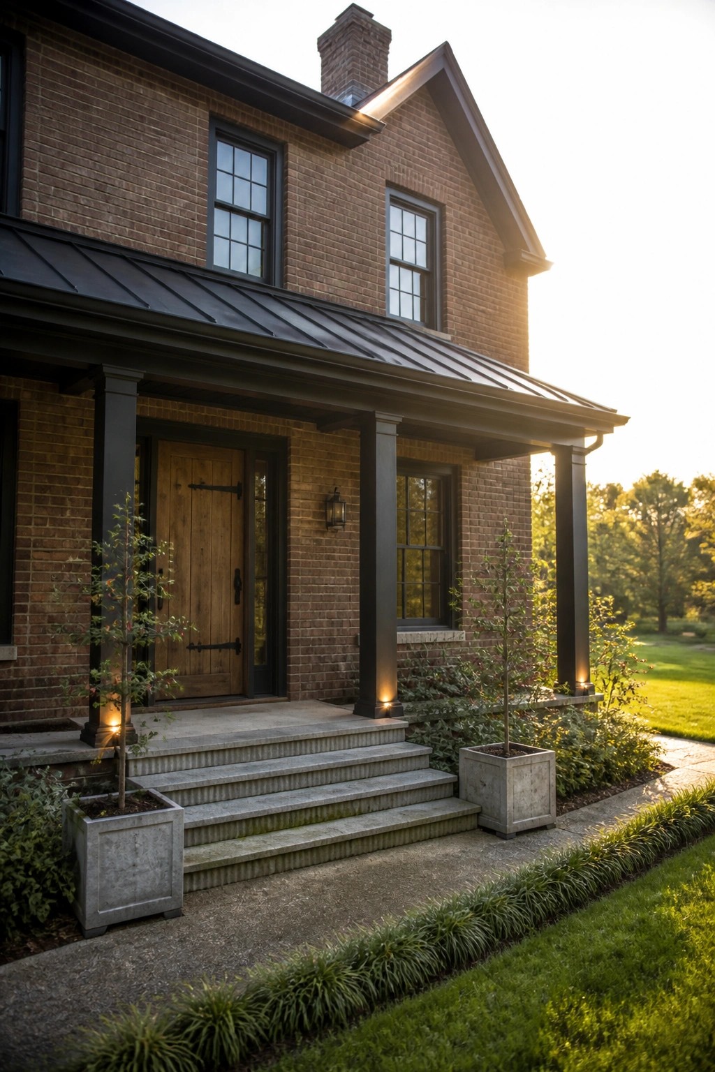 Brick house with wooden door, dark porch columns, stone steps, and potted plants at sunset.