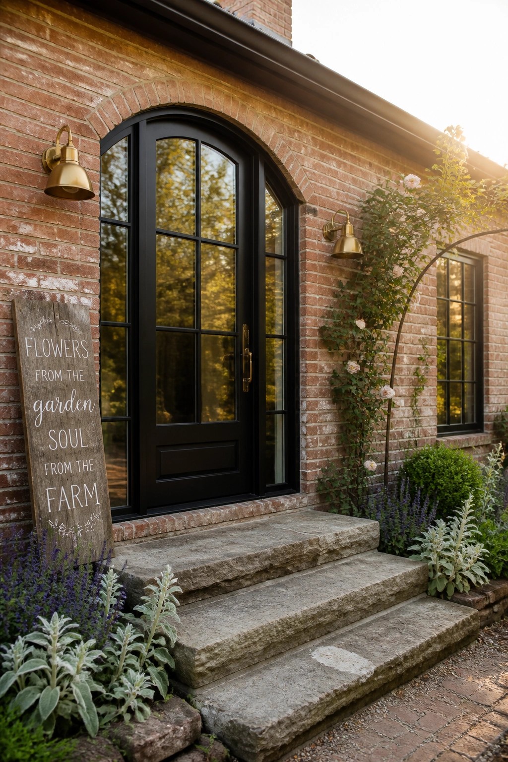 Rustic brick entry with arched black door, stone steps, and climbing roses.