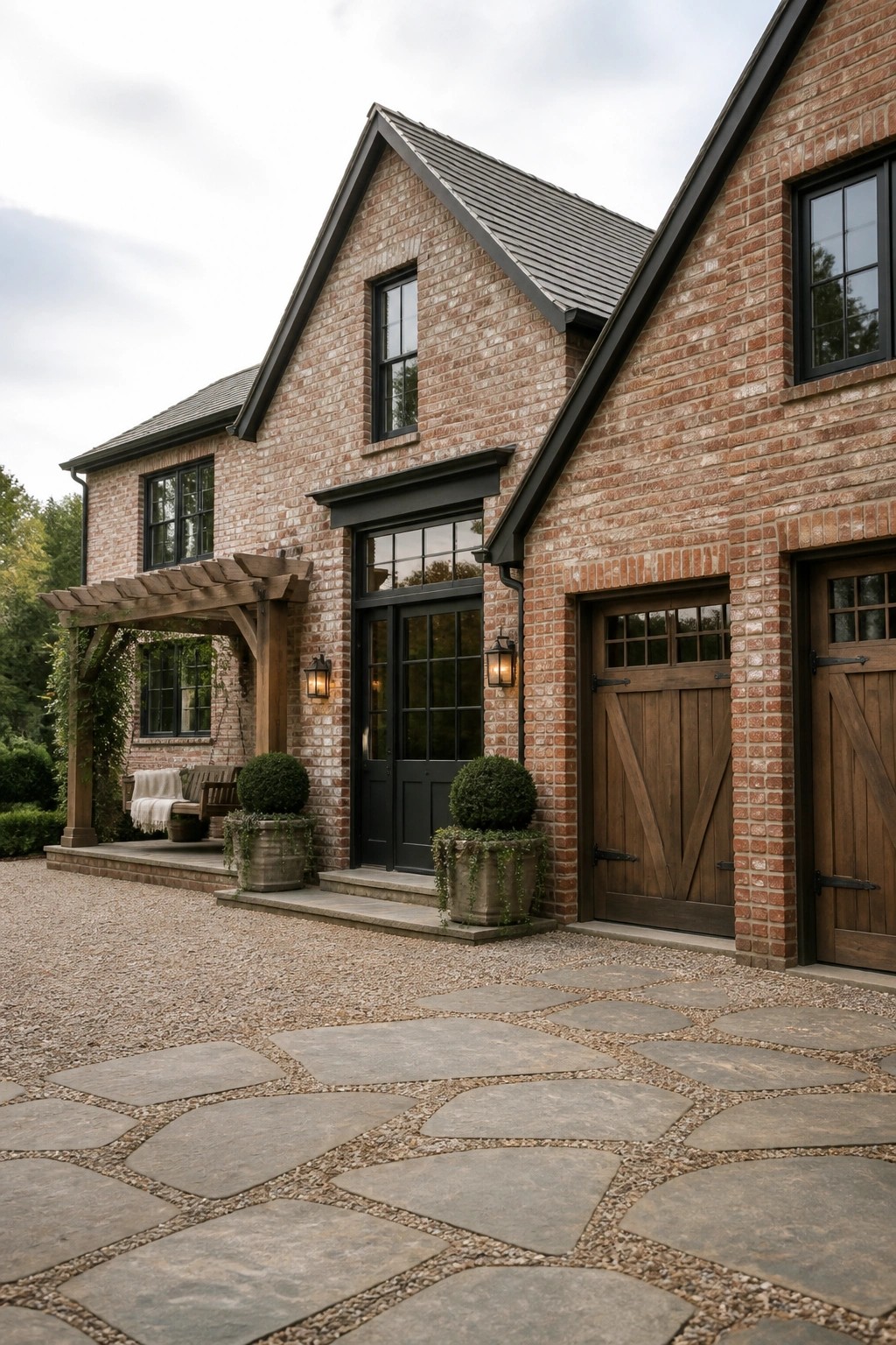 Brick farmhouse exterior with black entry door and windows, wooden garage doors, and a gravel driveway edged with large stone pavers.
