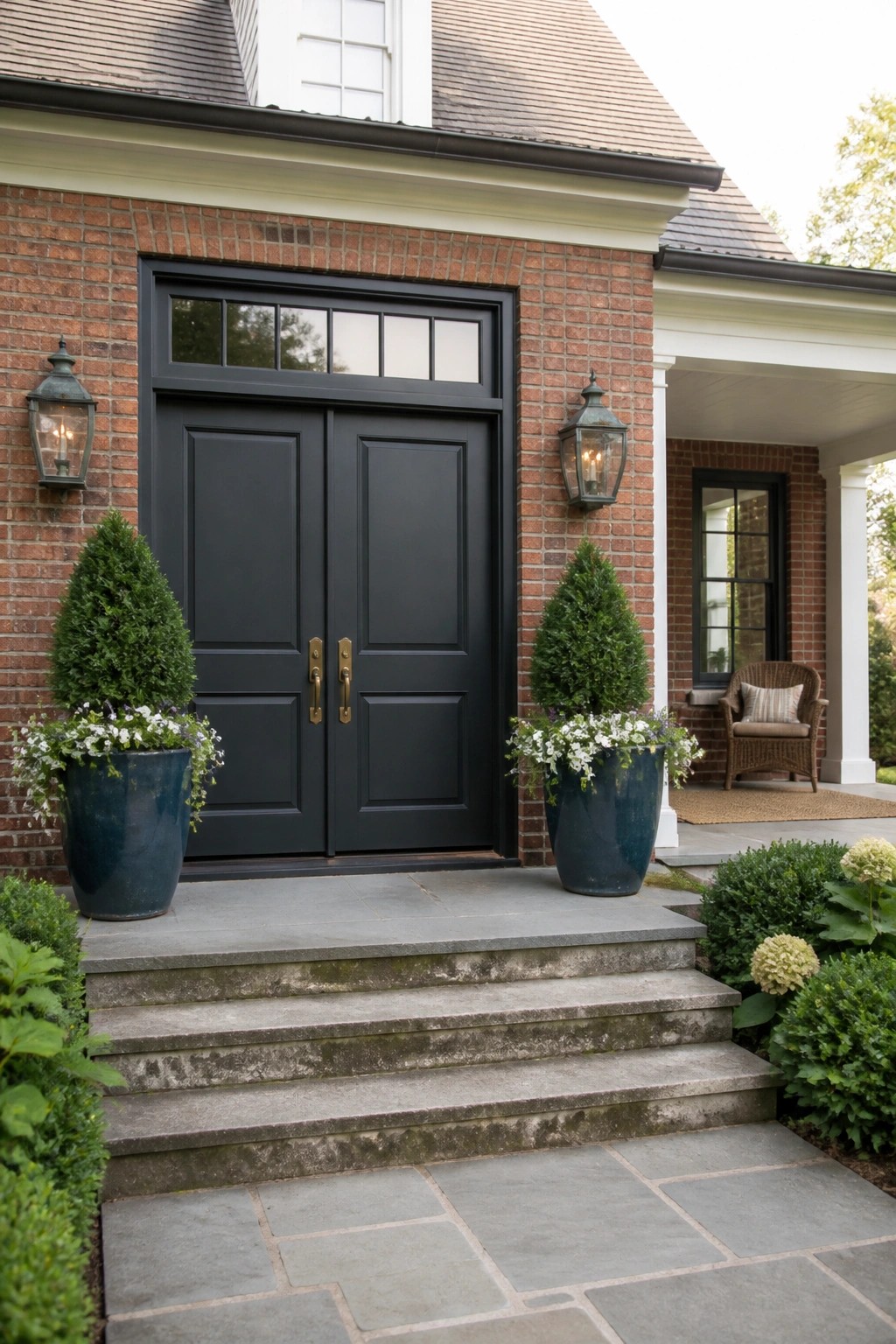 A red brick house exterior featuring black double front doors with a transom window, flanked by two large blue ceramic pots holding shrubs and white flowers, with stone steps leading to the entrance.
