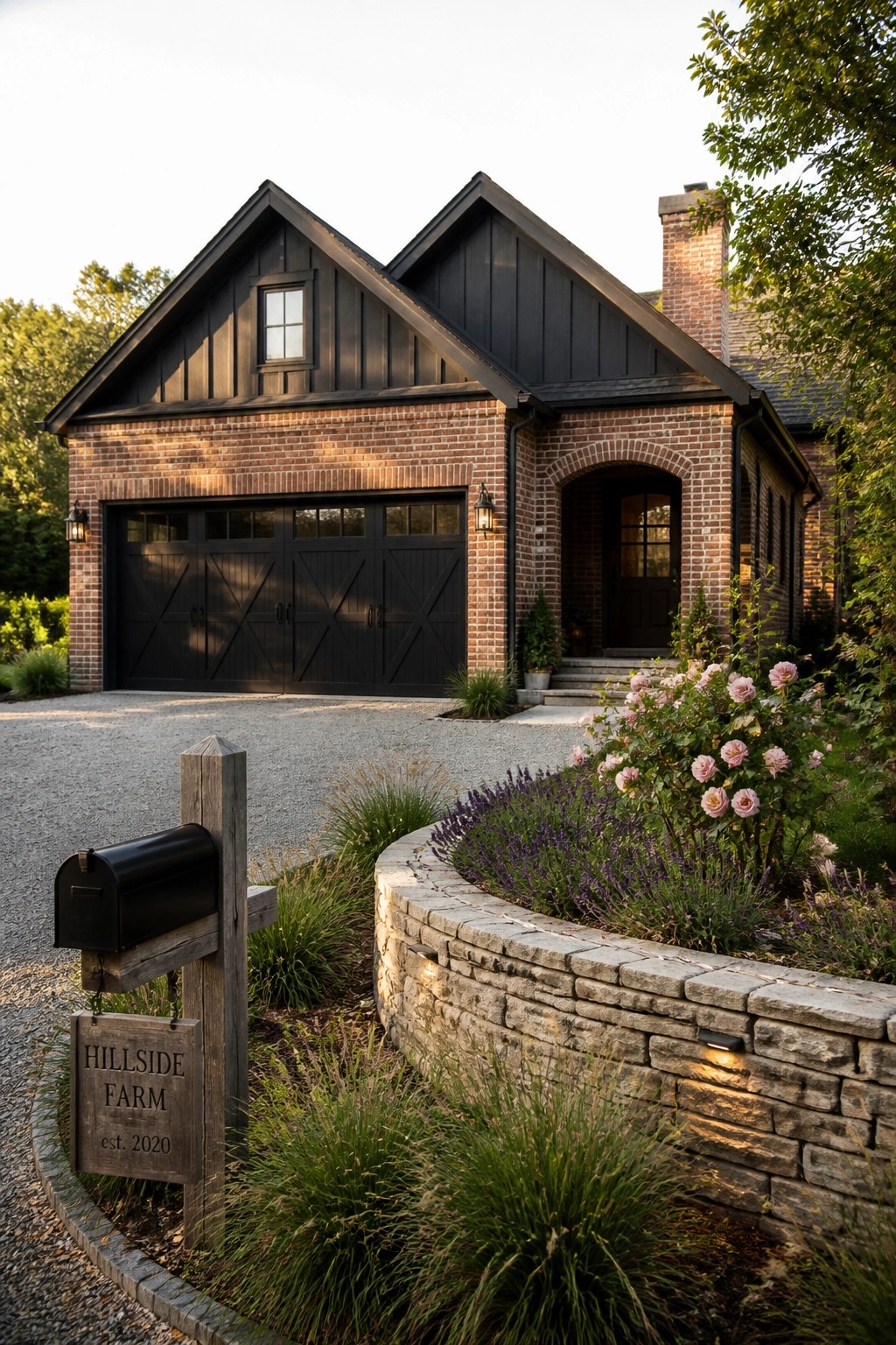 A two-story brick farmhouse with black garage doors featuring X panels, a black front door under an arched entry, and a curved stone retaining wall with roses and lavender in front.