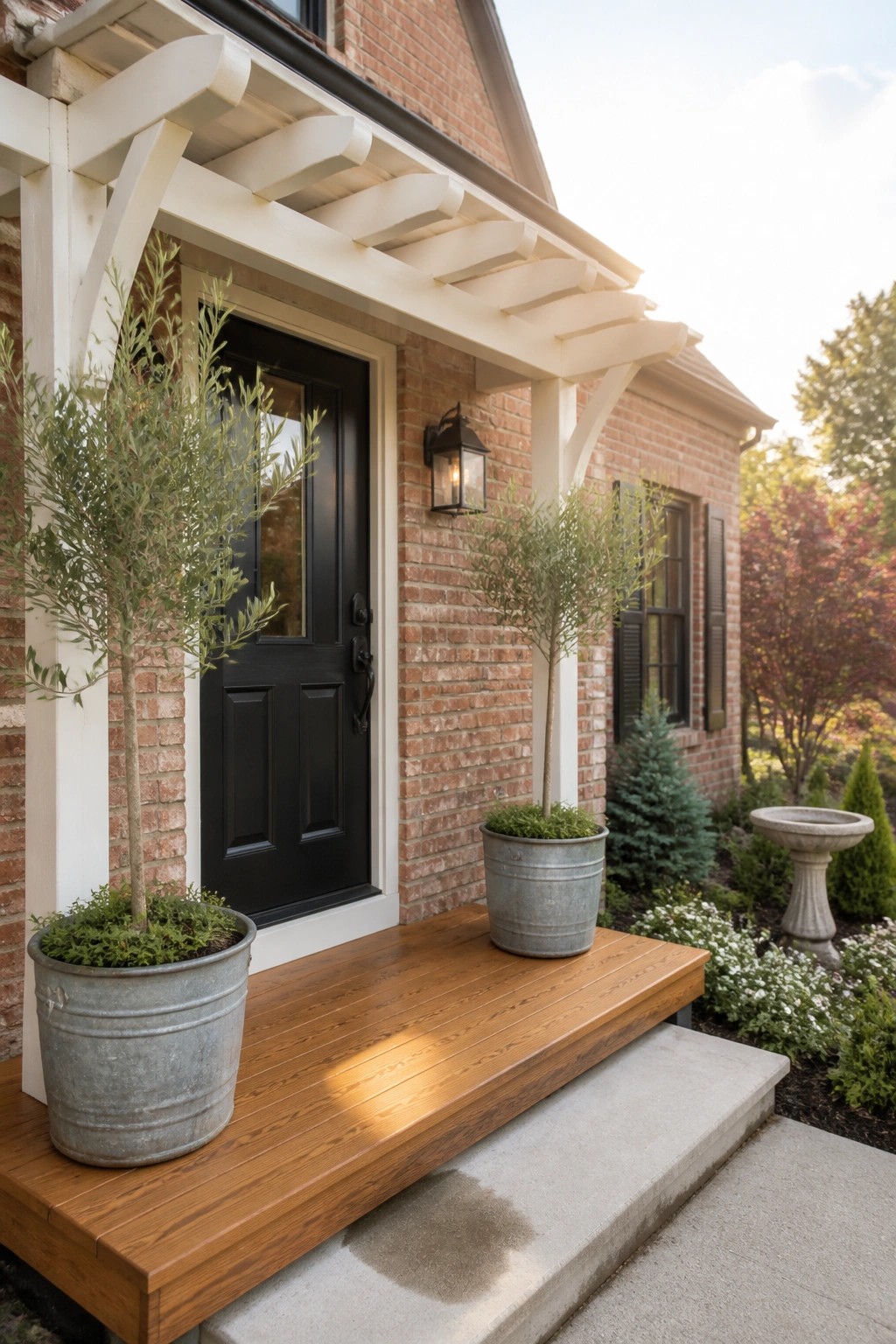 Brick house entry with black door, wooden porch, and potted trees in metal buckets.