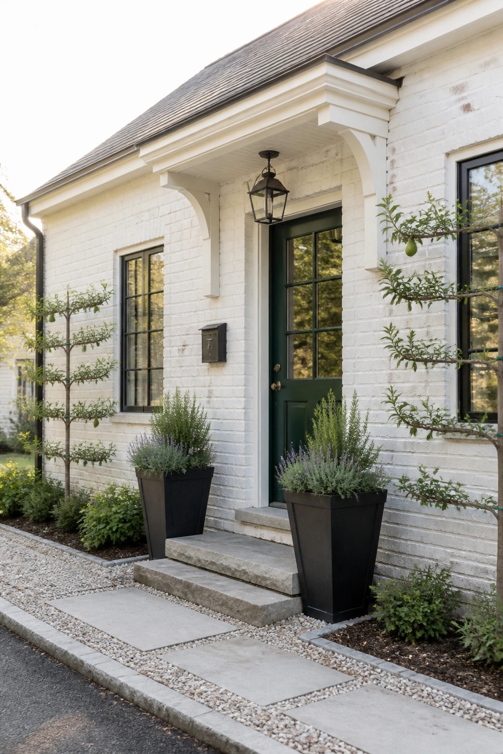 White brick house exterior with a dark green door, stone steps, and two large black planters beside the entrance.