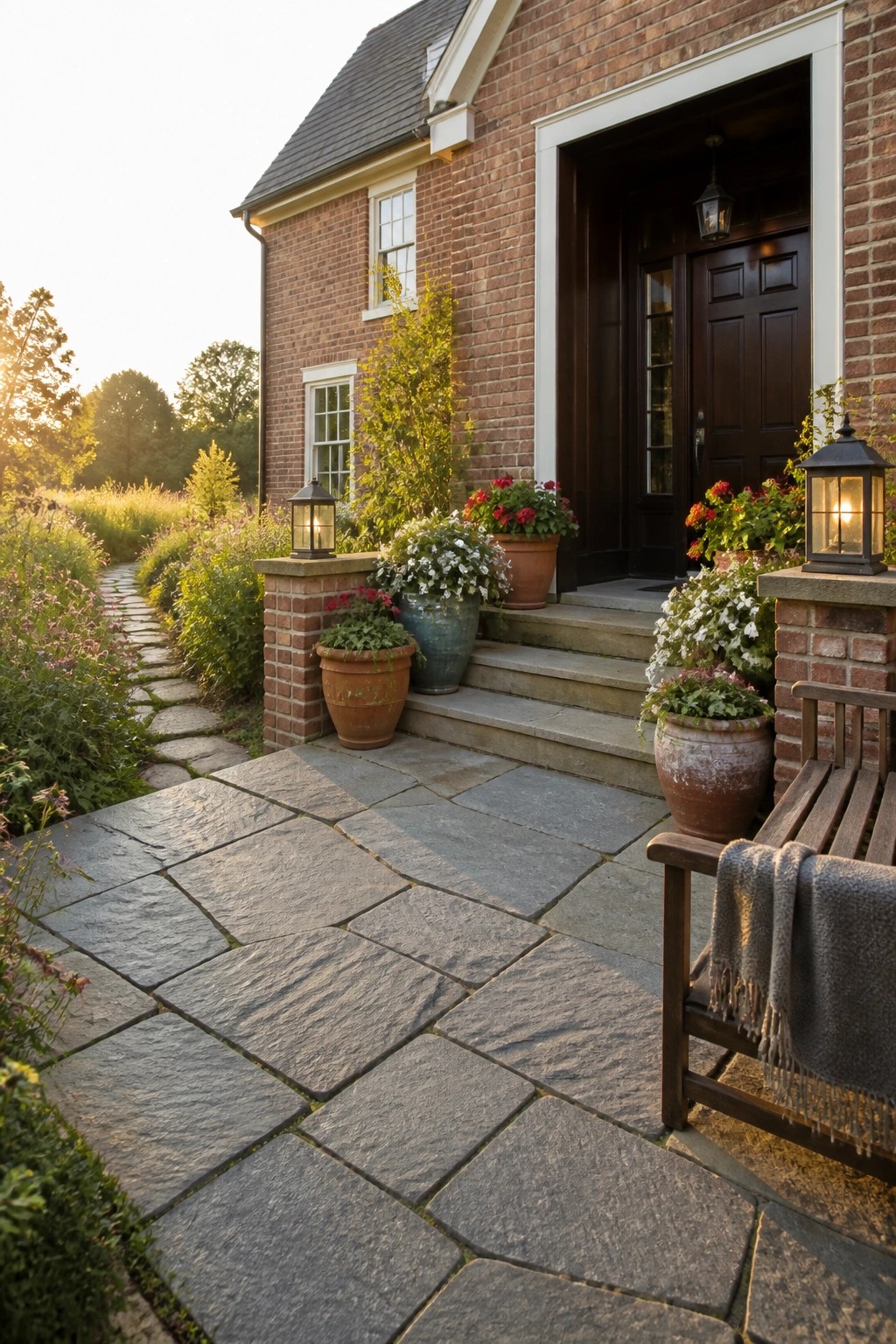 A brick farmhouse front entrance with wide stone steps, multiple terracotta pots of flowers, two lit lanterns, and a wooden bench on the right.