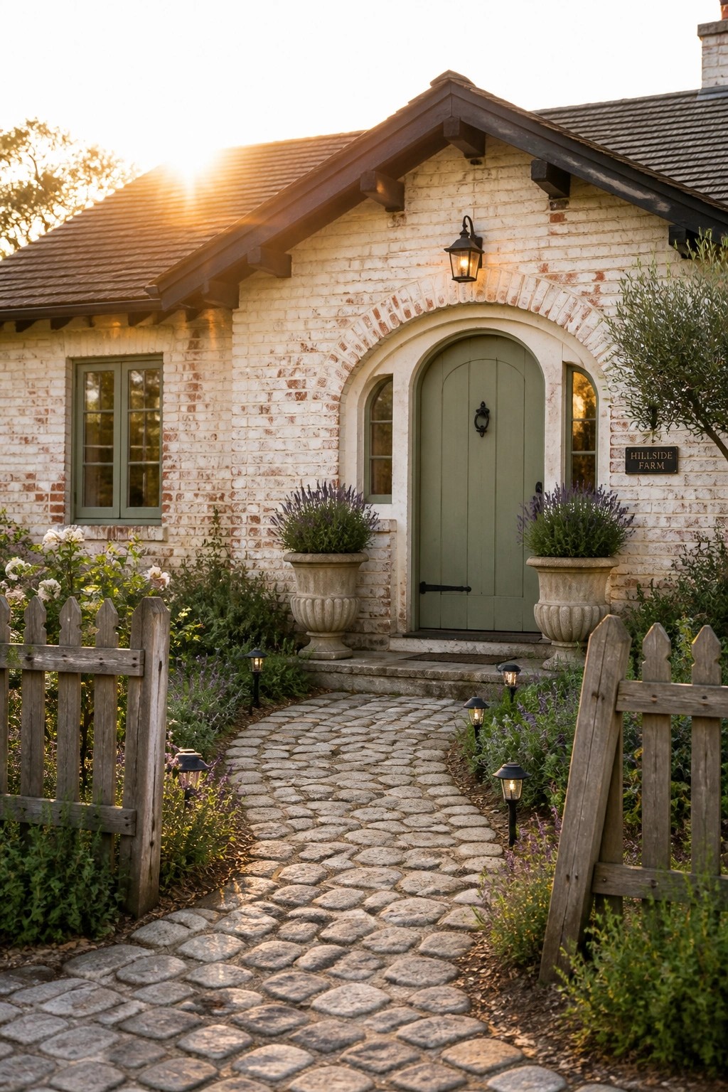 A white brick farmhouse with a green arched front door, cobblestone pathway, and potted lavender plants beside the steps.