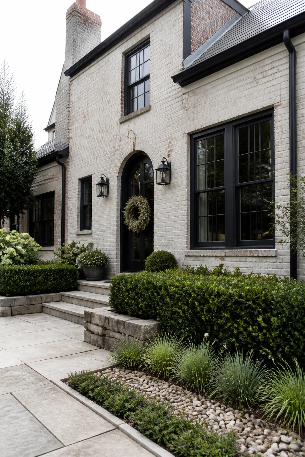A light brick farmhouse exterior featuring black-framed windows, an arched black door with a wreath, stone steps, and layered green landscaping along the front.