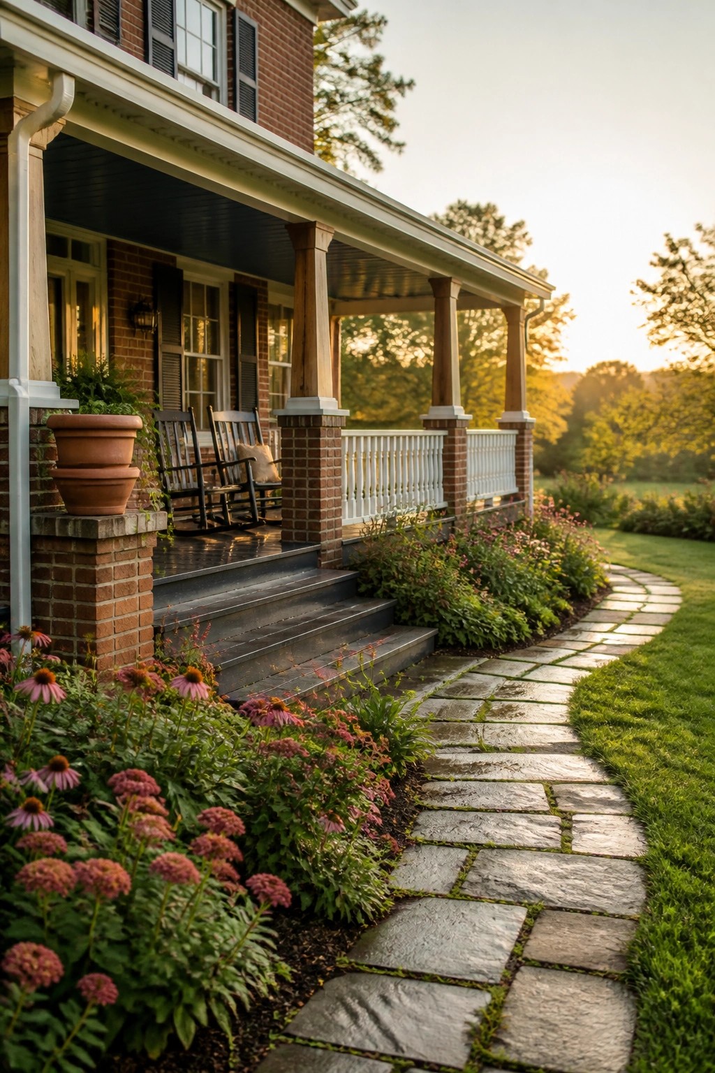 Stone pathway to brick house porch with rocking chairs amid blooming pink flowers at sunset