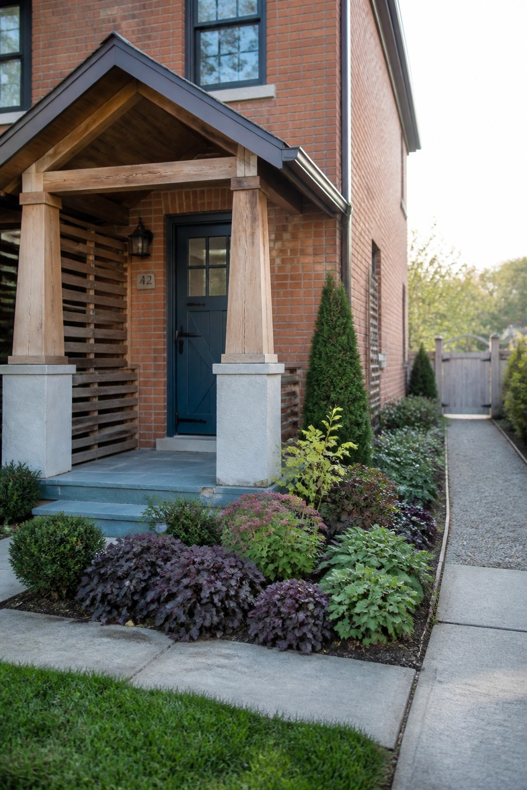 A red brick house with a gabled wooden porch supported by stone pillars, a dark blue front door, and landscaped beds along the walkway.