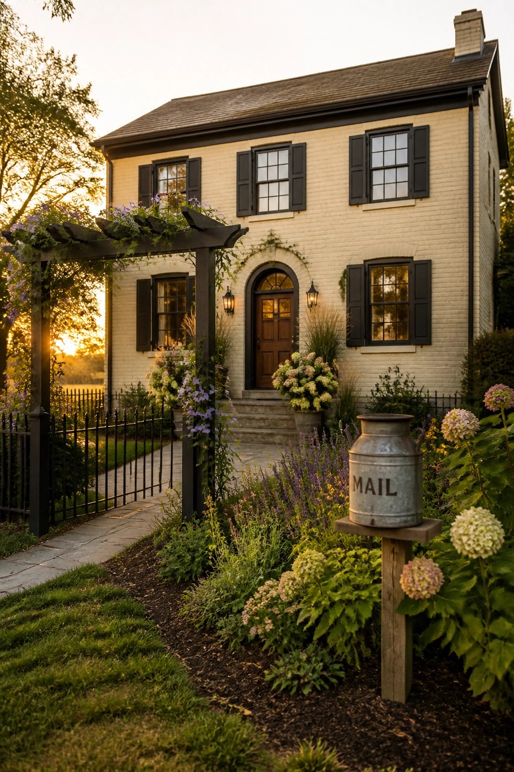 A light-colored brick farmhouse with black shutters features a dark wooden arbor covered in purple flowers over a stone path leading to the front door, with a vintage metal mail container in the foreground garden.