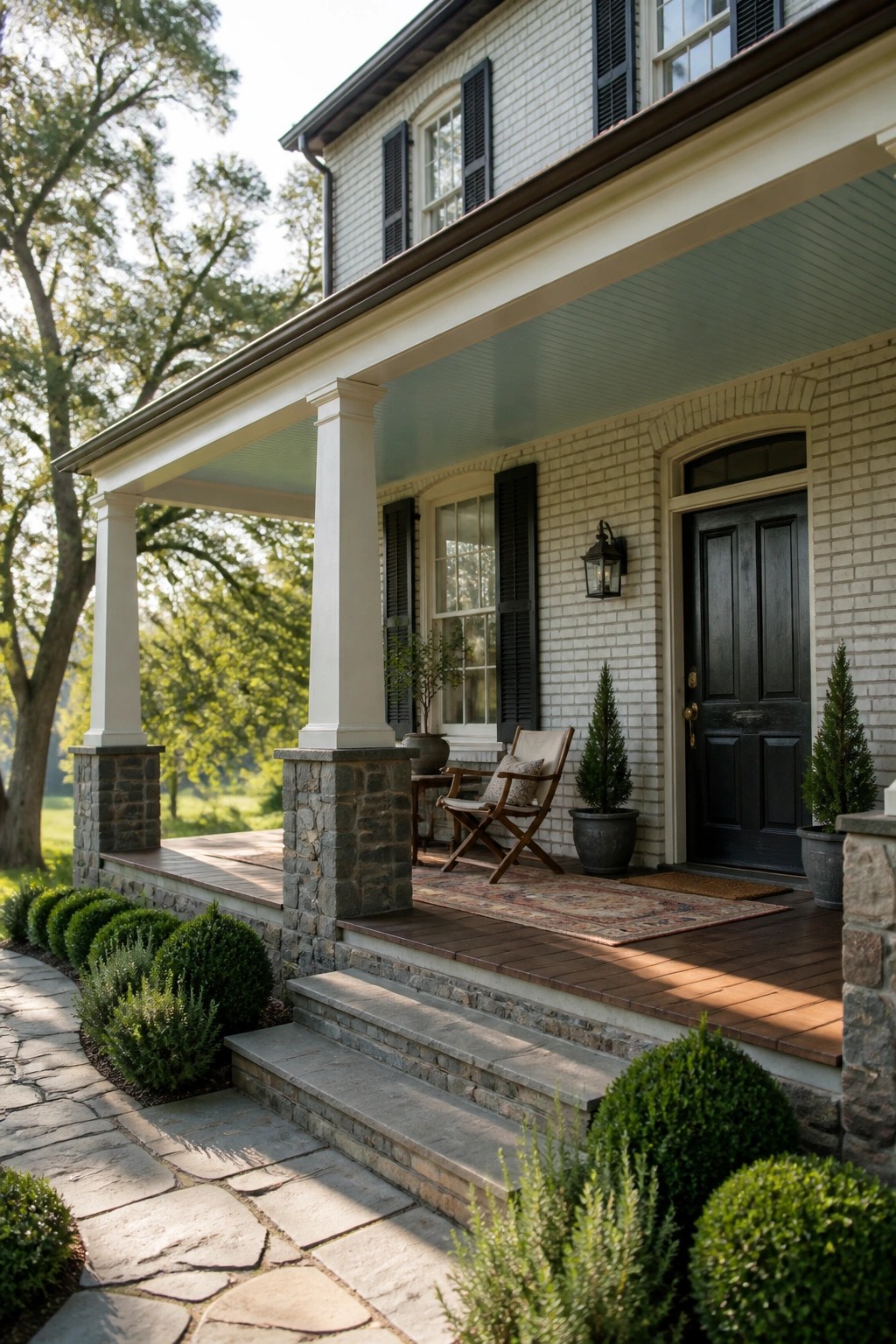 A brick farmhouse features a covered porch with white columns resting on stone piers, a dark front door, and steps leading to a stone path.