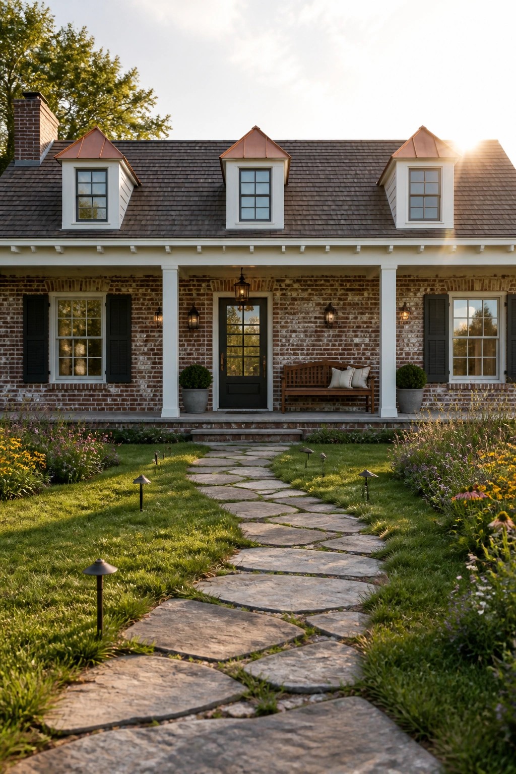 Stone pathway to brick house with dormers, porch bench, and flower gardens.