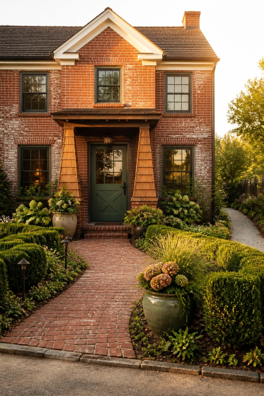 A red brick farmhouse with a green front door centered under a small portico, symmetrical windows, and a brick walkway lined with shrubs and potted plants.