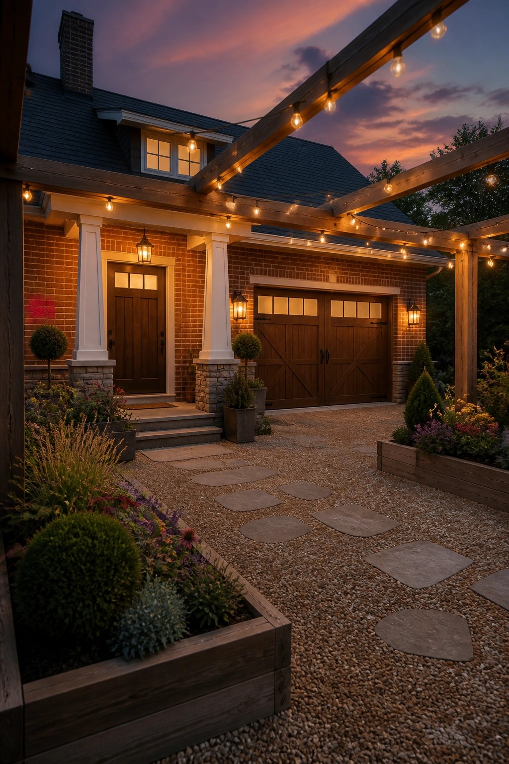 Brick house with wooden door, garage, string-lit pergola, and gravel path at dusk.
