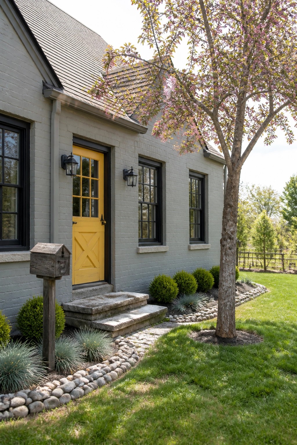 A light gray painted brick house with a bright yellow front door, black window frames, stone steps, and a tree-lined front yard with shrubs and river rock edging.