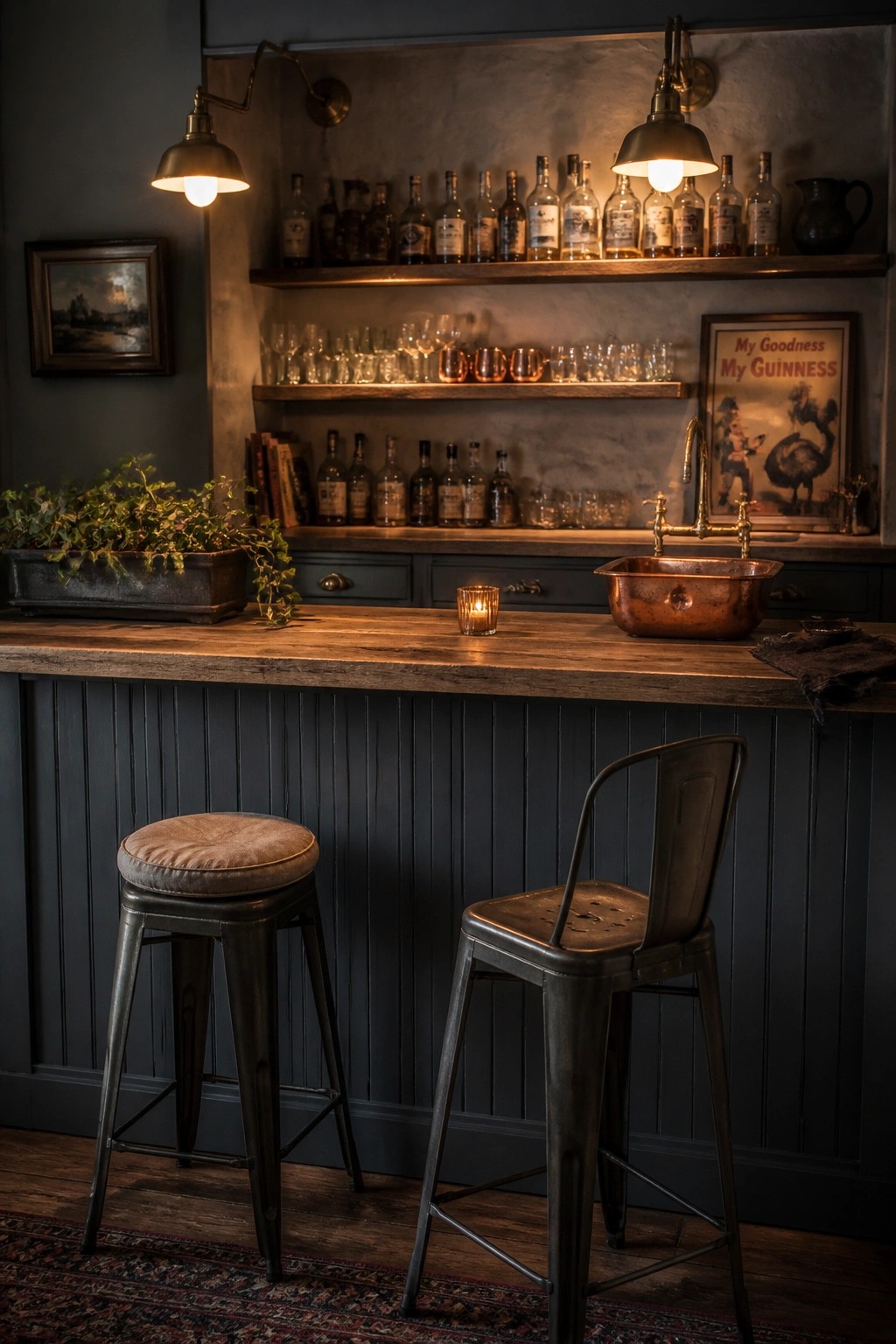 A home bar with dark blue paneled walls, a wooden countertop, two metal stools, open shelves of bottles and glasses, and wall sconces.