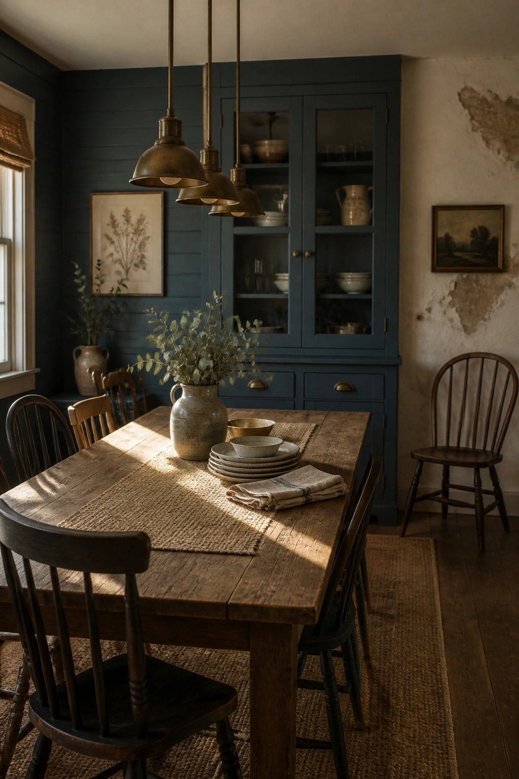 A rustic dining room featuring a wooden table, dark wooden chairs, and a large blue cabinet against the wall.