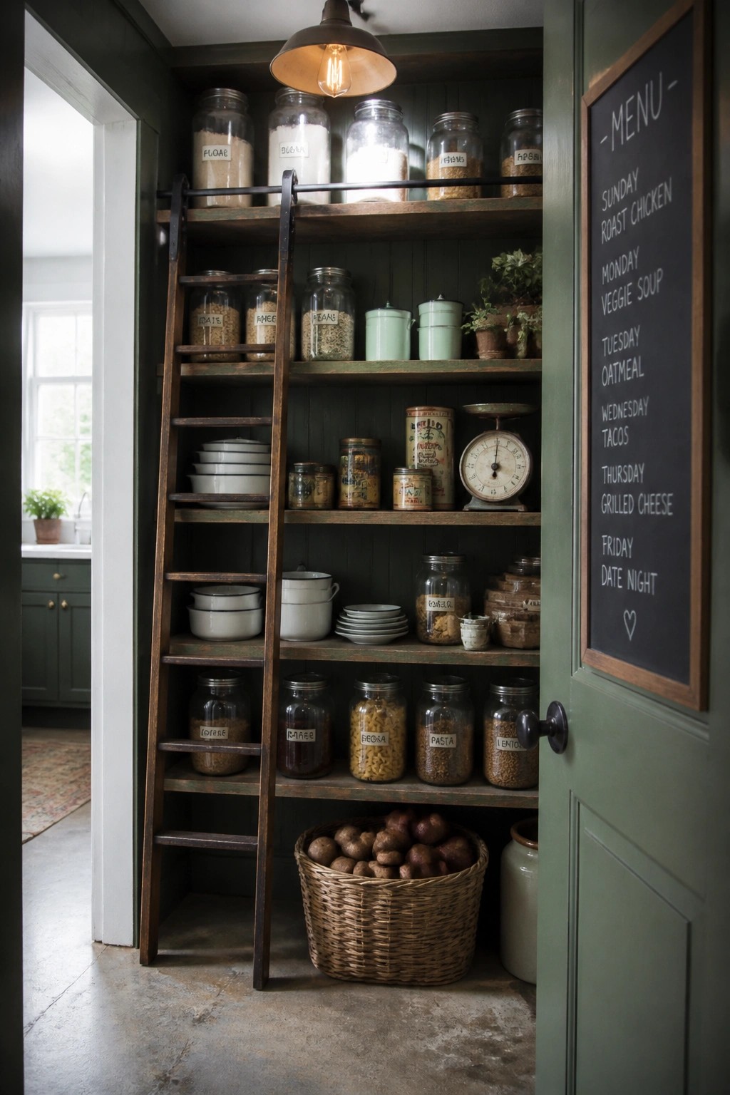 A rustic pantry interior with dark green walls, wooden open shelves holding glass jars and enamelware, a rolling ladder, and a chalkboard menu on the open door.