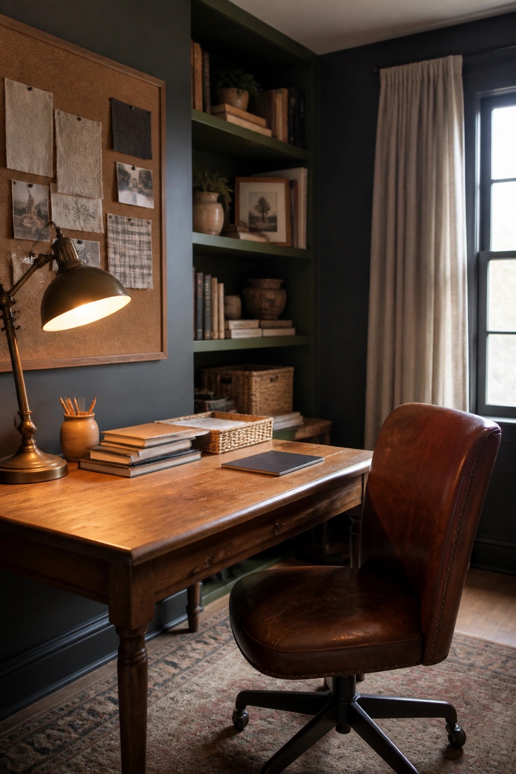 A wooden desk with a brown leather office chair sits in front of a dark green wall with a large corkboard, built-in green shelves filled with books, and a lit desk lamp.