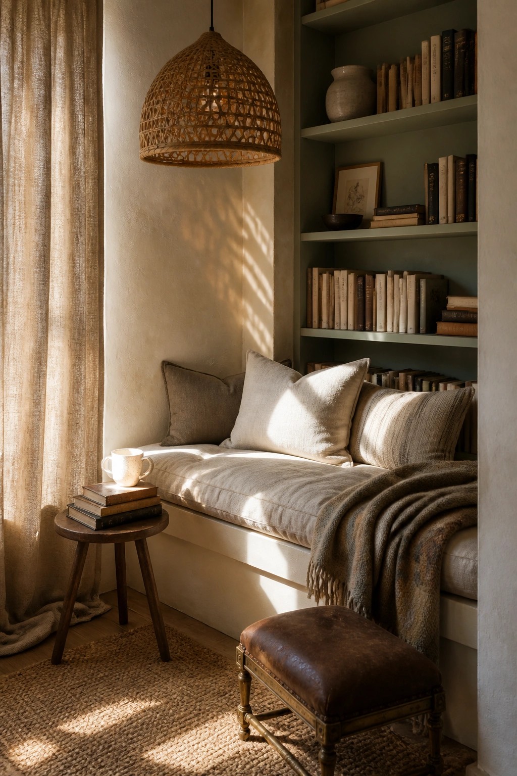 A window seat with neutral pillows and a throw blanket sits beneath built-in shelves painted in soft green, with books and a woven pendant light visible.