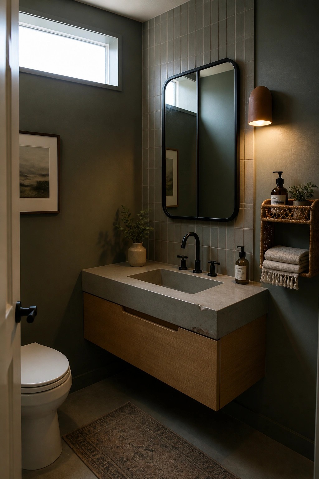A bathroom with dark green walls features a floating concrete vanity with wood drawers, black faucet, small window, and woven wall shelf.