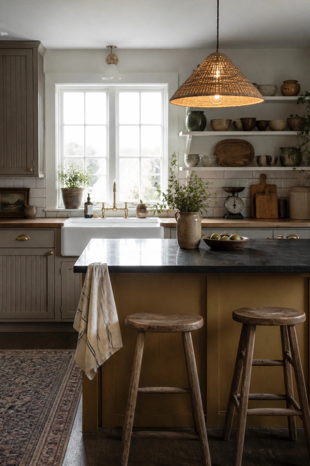 A rustic kitchen interior with taupe cabinets, a mustard-yellow island, white farmhouse sink, dark stone countertop, wooden stools, and open shelving with pottery.