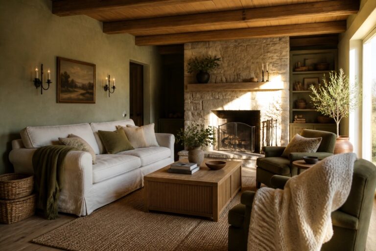 23 Earthy Rustic Farmhouse Paint Colors Inspired by Nature A living room with sage green walls, a large stone fireplace, wooden ceiling beams, a white sofa, and a wooden coffee table on a woven rug.